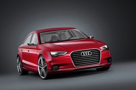 The Audi A3 concept is a four-seat notchback sedan. It measures 4.44 metres long and 1.84 metres wide, but just 1.39 metres high — proportions that underscore its dynamic character. The design represents the typical Audi language of sporty elegance. The single-frame grille is integrated into the front end, giving it a sculptured look. Its frame is made of carbon-fiber-reinforced plastic (CFRP), and the transversely mounted, three dimensional
aluminum louvers create a visual effect that emphasises the showcar’s
width. The headlights merge with the beveled upper corners of the single-frame, forming a transition that marks the starting point of the prominently accentuated lines of the engine hood. The headlights represent a new stage of evolution in LED technology, a groundbreaking innovation from Audi. They become broader as they extend outward, and a line underneath them makes them seem to float on air. Above the front spoiler is a full-length air intake, also made of CFRP, framed by a metal clasp. The spoiler features a splitter that raises the down force on the front wheels.